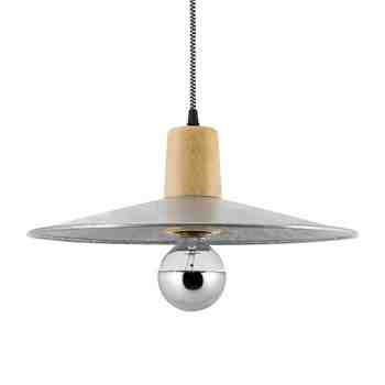 15" Shade in 975-Galvanized, Maple Wood, CSBW-Black & White Cloth Cord (Shown with G25 Half-Chrome Bulb)