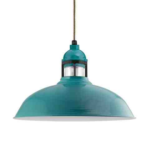 18" Outback Cord Hung Pendant, 390-Teal with 100-Black Guard, RIB-Ribbed Glass, CSBG-Black & Gold Cloth Cord