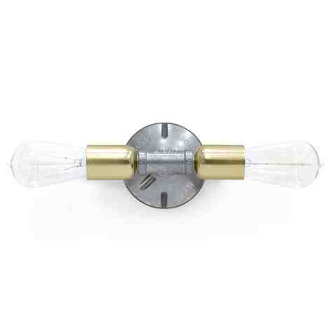Downtown Minimalist Double Sconce, Mounting in 975-Galvanized, Cups in 997-Natural Raw Brass, Nostalgic Edison-Style 1890 Era 40W Bulb